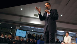 President Barack Obama answers questions during a health care reform town hall meeting at Northern Virginia Community College in Annandale, Va., July 1, 2009. Senior Advisor Valerie Jarrett is seated at right. (Ofcial White House Photo by Pete Souza)