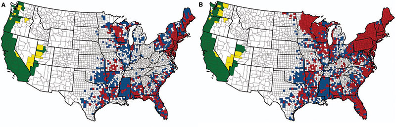 Distribution by county of recorded presence of I. scapularis and I. pacificus in the continental United States. “A” is from Denis et al. 1998, and shows 1907–1996 distribution. “B” shows 1907–2015 distribution. Counties classified as established (red or green) for a given tick species had at least six ticks or two life stages recorded within a single calendar year. Counties with fewer ticks of a single life stage were classified as reported (blue or yellow) for the tick species. Counties shown in white indicate “no records.” Image: CDC/Oxford University Press