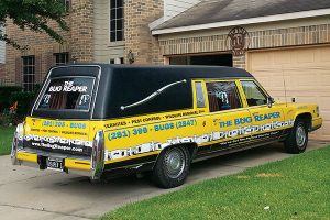 The Bug Reaper knows how to strike fear in the heart of pests: by rolling up to the job in a hearse. Photo: The Bug Reaper