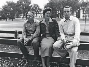 Dick Sameth (far right) poses on the “Freshman Fence” with his parents in 1955, the year he entered Dartmouth College. Photo: Dick Sameth