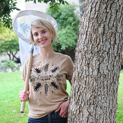 Rice sports her winning t-shirt design. Photo: Kathy Keatley Garvey, Communications Specialist, Department of Entomology and Nematology, UC Davis