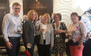 Pictured from left at the Welcome Reception are Kevin Finnegan, FMC Corporation; Jill Holihan, FMC Corporation; Ona Maune, Bayer; Carrie Tackema, Nufarm Americas, Inc.; and Julie Schlekau, Valent. PHOTO: RISE