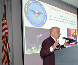 Andy Linares, President of Bug Off Pest Control Center, talks to attendees about honoring warriors in the U.S. armed forces and our first responders during his introduction at the 2019 New York Pest Expo. PHOTO: MARTY WHITFORD