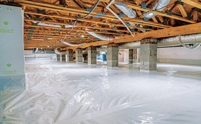 The “after” with a vapor barrier and borate-impregnated foamboard insulation installed. PHOTO: CRAWLSPACE DEPOT