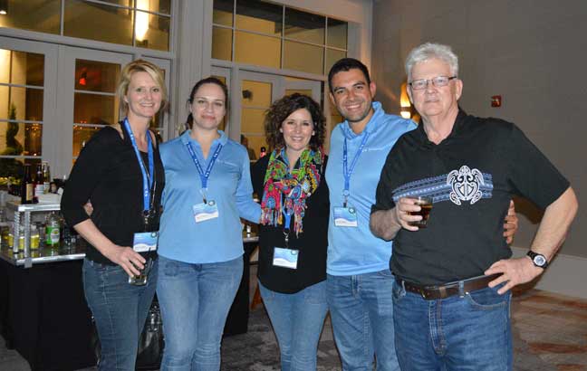 ServicePro's CIO Kim O'Connor (far left) and CEO Dick Deering (far right) are flanked by Maya Apostolova, Sara Miller and Dean Dilevski at ServSuite University's kickoff reception. PHOTO: DIANE SOFRANEC/PMP