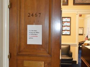 Sign of the times: Many of the U.S. Representatives posted signs on their doors about their no-handshake policy, like this one on Bob Latta's (R-Ohio), due to the Coronavirus. PHOTO: PMP STAFF