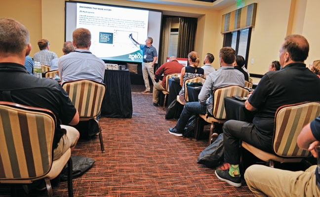 The boardroom was filled to capacity. Here, Zoëcon’s Tony Schultz does his presentation. PHOTO: PMP STAFF