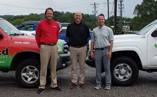 From left are Preferred Pest Owner Sam Oliver, Waynes Pest Control President Shawn Hollis , and Waynes Pest Control North Region VP Eric Frye. IMAGE: WAYNES PEST CONTROL