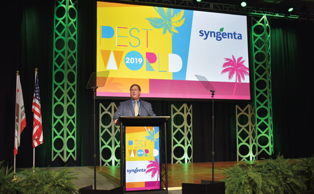 Scott Steckel addresses 2019 PestWorld attendees in San Diego, Calif., as NPMA president-elect. PHOTO: PMP STAFF