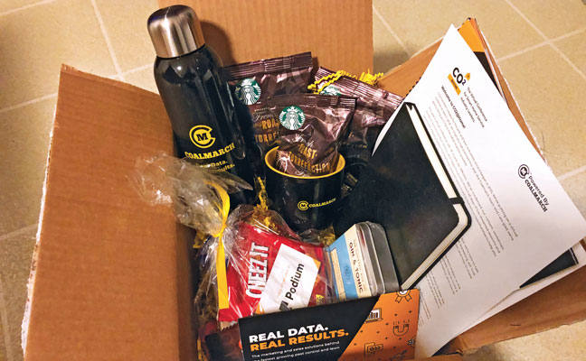 o help attendees get ready for the virtual event, Coalmarch sent everyone a box packed with supplies courtesy of the event’s generous sponsors. It included coffee and a coffee mug, snacks, and a notebook for jotting down helpful tips and ideas to try. (Screenshot: PMP Staff)