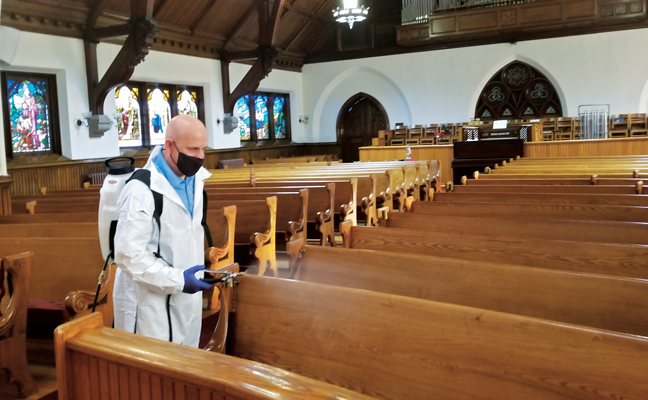 In April, Western Pest Services, a Rollins company, donated its Western PurClean service to the First Presbyterian Church of Rutherford, N.J., so the congregation could again meet in person. Disinfection donations like this have become the norm for Western, which has also worked with local firehouses and Boy Scout troops. PHOTO: WESTERN PEST SERVICES