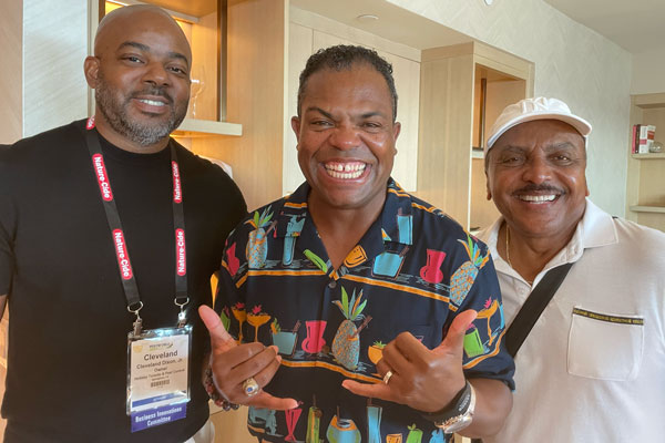PestWorld keynote speaker Lt. Col. Jason Harris, center, was a surprise guest during the BOM reception. Flanking him are Cleveland Dixon, president of Holiday Termite & Pest Control, left, and U.S. Army veteran Sterling Barbour, president of the Revolution National Pest Council. PHOTO: PMP STAFF