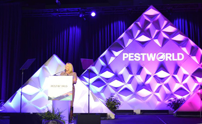 National Pest Management Association CEO Dominique Stumpf, CAE, welcomed attendees to PestWorld 2024 and shared how she came to serve the pest management industry. She also revealed exciting new developments for members. PHOTO: PMP STAFF