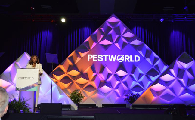 National Pest Management President Faye Golden revealed how she went transitioned from working on regulatory issues to the pest management industry. The director of government affairs at Cook’s Pest Control thanked her colleagues and family in a gracious, emotional speech during Wednesday’s Opening General Session. PHOTO: PMP STAFF