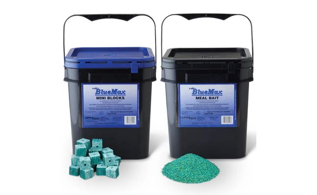 Pails of Liphatech BlueMax rodenticide