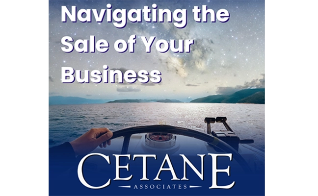Cetane graphic of a boat steering wheel with "Navigating the Sale of Your Business" verbiage atop of it with its logo.