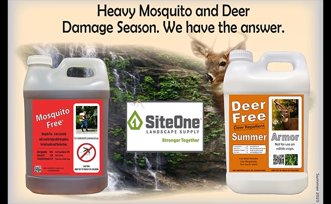 Composite image of Garden Girls Mosquito Repellent and Deer Repellent with SiteOne logo and deer image