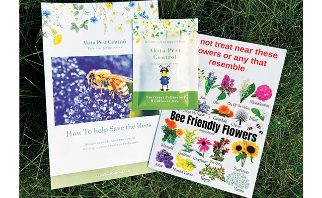 From left are Akita’s wildflower seed handout and packet, and the laminated wildflower resource page for its technicians. PHOTO: AKITA PEST CONTROL
