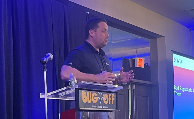 Matthew Remmen, from Envu, spoke to the crowd about a new way to take on bed bugs. Breaking bed bugs down to the last detail and emphasizing key treatment factors. IMAGE: PMP STAFF