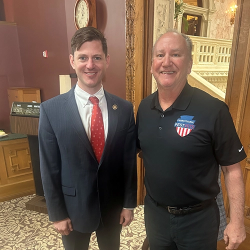 PPMA PestVets Chair Marty Overline with State Representative Joe Kerwin, who is a member of the Pennsylvania Army National Guard. Rep. Kerwin spoke to the group about his House Resolution 478, designating April 29, 2026 as "Professional Pest Management Appreciation Day" in Pennsylvania. IMAGE: PPMA