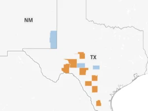 County map of current screwworm cases under investigation. Blue Counties represent inactive cases. IMAGE: USDA