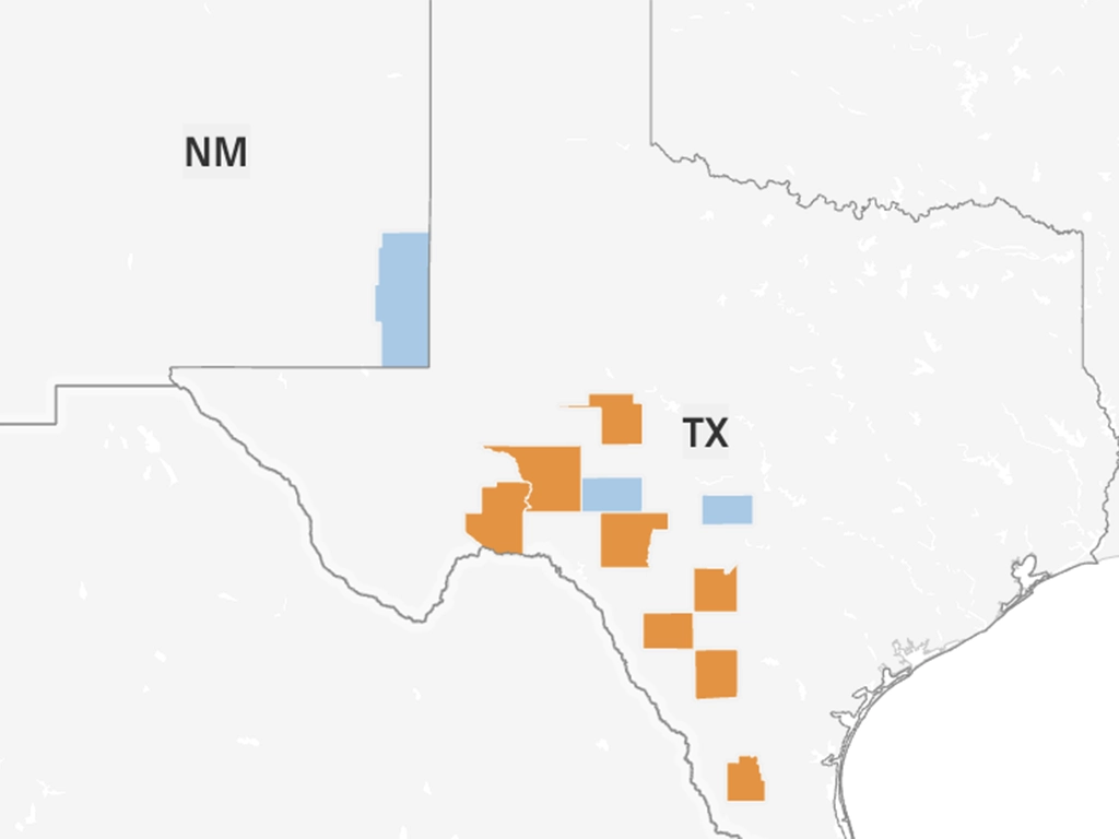 County map of current screwworm cases under investigation. Blue Counties represent inactive cases. IMAGE: USDA